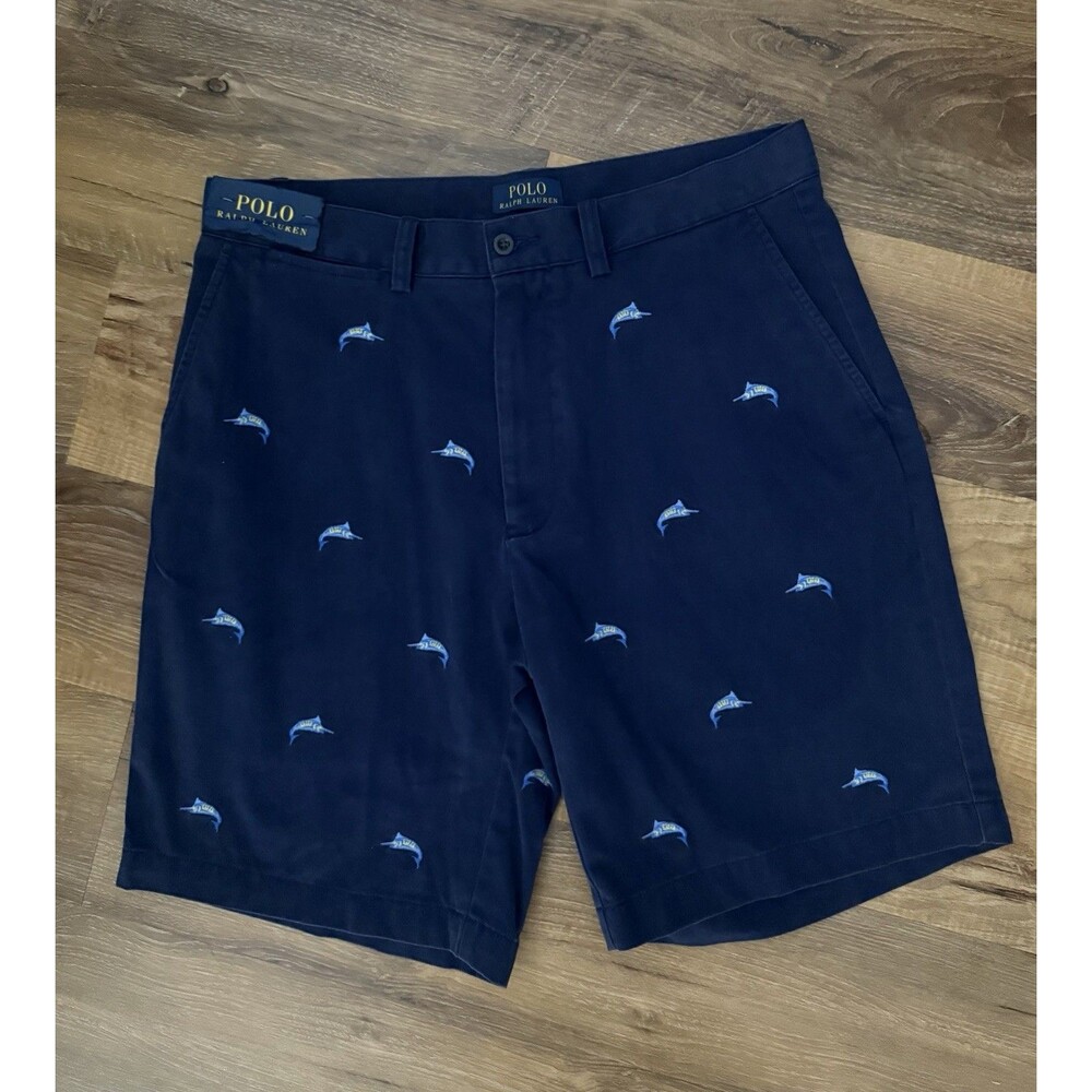 Men's Polo Ralph Lauren Chino Shorts 32‎ Navy w/Embroidered Marlins NWT Preppy